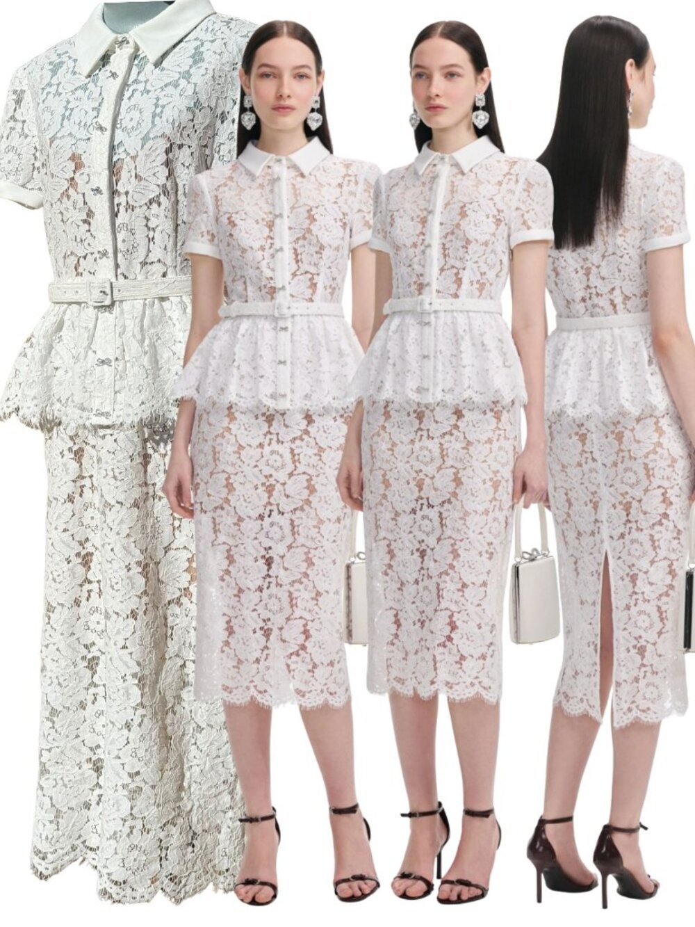 🆕 SELF-PORTRAIT 🧿 NWOT White Lace Peplum Belted Midi Dress, Sz UK 12 US 8
